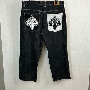 ubug Denim Jeans Sz 40 x 28 HEMMED Black Gray Fleur De Lis Y2K White Stitching